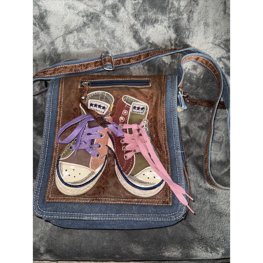 Canvas Crossbody Messenger Bag Sneaker Appliqué Denim Brown Y2K 2000s Purse